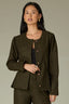 Golden Olive Long Puff Shoulder Wide Cuff Sleeve Button Front Front Pockets Peplum Hem Knit Jacket