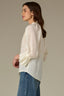 Ivory Three Quarter Raglan Flounce Sleeve Grosgrain Ruched Stand Collar V-Split Neck Self Tie Textured Hi-Low Hem Woven Top
