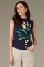 Navy Sleeveless Crew Neck Side Pleat Abstract Screen Print Knit Top