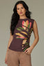 Espresso Sleeveless Crew Neck Side Pleat Asymmetrical Hem Abstract Screen Print Knit Top
