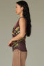 Espresso Sleeveless Crew Neck Side Pleat Asymmetrical Hem Abstract Screen Print Knit Top