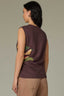 Espresso Sleeveless Crew Neck Side Pleat Asymmetrical Hem Abstract Screen Print Knit Top