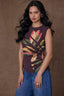 Espresso Sleeveless Crew Neck Side Pleat Asymmetrical Hem Abstract Screen Print Knit Top