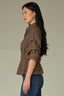 Cold Brew Multi Below Elbow Pleated Sleeve Collar Neck Button Down Front Plaid Print Double Peplum Hem Woven Top