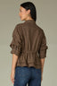 Cold Brew Multi Below Elbow Pleated Sleeve Collar Neck Button Down Front Plaid Print Double Peplum Hem Woven Top