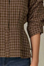 Cold Brew Multi Below Elbow Pleated Sleeve Collar Neck Button Down Front Plaid Print Double Peplum Hem Woven Top