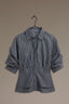 Navy Ecru Below Elbow Pleated Sleeve Collar Neck Button Down Front Stripe Print Double Peplum Hem Woven Top