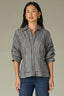Navy Ecru Below Elbow Pleated Sleeve Collar Neck Button Down Front Stripe Print Double Peplum Hem Woven Top