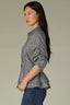 Navy Ecru Below Elbow Pleated Sleeve Collar Neck Button Down Front Stripe Print Double Peplum Hem Woven Top