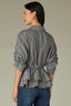 Navy Ecru Below Elbow Pleated Sleeve Collar Neck Button Down Front Stripe Print Double Peplum Hem Woven Top