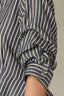 Navy Ecru Below Elbow Pleated Sleeve Collar Neck Button Down Front Stripe Print Double Peplum Hem Woven Top