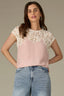 Rose Bloom Natural Extended Shoulder Cap Sleeve Scallop Lace Round Neck Yoke Yehiole Back Petite Woven Tank Top