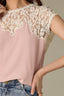 Rose Bloom Natural Extended Shoulder Cap Sleeve Scallop Lace Round Neck Yoke Yehiole Back Woven Tank Top