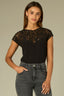 Black Extended Cap Sleeve Round Neck Lace Yoke Keyhole Back Mixed Media Shirttail Hem Petite Woven Tank Top