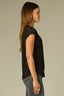 Black Extended Cap Sleeve Round Neck Lace Yoke Keyhole Back Mixed Media Shirttail Hem Woven Tank Top