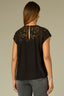 Black Extended Cap Sleeve Round Neck Lace Yoke Keyhole Back Mixed Media Shirttail Hem Woven Tank Top