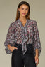 Black Plum Multi Long Peasant Sleeve Stand Collar Split Neck Tie Abstract Print Round Hem Woven Burnout Velvet Petite Top