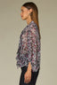 Black Plum Multi Long Peasant Sleeve Stand Collar Split Neck Tie Abstract Print Round Hem Woven Burnout Velvet Top