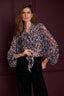 Black Plum Multi Long Peasant Sleeve Stand Collar Split Neck Tie Abstract Print Round Hem Woven Burnout Velvet Top