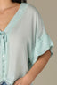 Morning Mist Elbow Roll Cuff Dolman Sleeve V-Neck Tie Button Down Front Lace Placket Woven Top