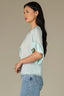 Morning Mist Elbow Roll Cuff Dolman Sleeve V-Neck Tie Button Down Front Lace Placket Woven Top