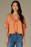 Roasted Carrot Elbow Roll Cuff Dolman Sleeve V-Neck Tie Button Down Front Lace Placket Woven Top