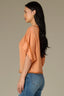 Roasted Carrot Elbow Roll Cuff Dolman Sleeve V-Neck Tie Button Down Front Lace Placket Woven Top