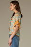 Pale Teal Orange Multi Elbow Roll Cuff Dolman Sleeve V-Neck Tie Button Down Front Lace Placket Floral Print Woven Top