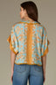 Pale Teal Orange Multi Elbow Roll Cuff Dolman Sleeve V-Neck Tie Button Down Front Lace Placket Floral Print Woven Top