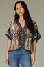 Stormy Blue Ecru Multi Elbow Roll Cuff Dolman Sleeve V-Neck Tie Button Down Placket Back Center Seam Hi-Low Lace Edge Hem Abstract Print Woven Top