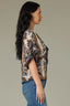 Stormy Blue Ecru Multi Elbow Roll Cuff Dolman Sleeve V-Neck Tie Button Down Placket Back Center Seam Hi-Low Lace Edge Hem Abstract Print Woven Top