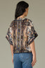 Stormy Blue Ecru Multi Elbow Roll Cuff Dolman Sleeve V-Neck Tie Button Down Placket Back Center Seam Hi-Low Lace Edge Hem Abstract Print Woven Top
