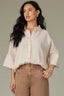 Pale Stone Elbow Wide Cuff Sleeve Collar Neck Button Down Front Contrast Seaming Cinched Bubble Hi-Low Hem Woven Top