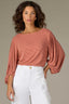 Heather Sandalwood Blush Three Quarter Blouson Sleeve Boat Neck Stripe Print Knit Top
