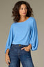 Mediterranean Blue Three Quarter Blouson Sleeve Boat Neck Stripe Print Knit Top
