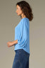 Mediterranean Blue Three Quarter Blouson Sleeve Boat Neck Stripe Print Knit Top
