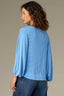 Mediterranean Blue Three Quarter Blouson Sleeve Boat Neck Stripe Print Knit Top
