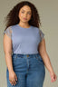 Blue Lily Natural Extended Cap Sleeve Scoop Neck Scallop Crochet Detail Straight Hi-Low Hem Plus Size Knit Top