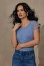 Blue Lily Natural Extended Cap Sleeve Scoop Neck Scallop Crochet Detail Straight Hi-Low Hem Knit Top