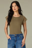 Olive Drab Pale Oak Extended Cap Sleeve Scoop Neck Scallop Crochet Detail Straight Hi-Low Hem Knit Top