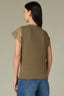 Olive Drab Pale Oak Extended Cap Sleeve Scoop Neck Scallop Crochet Detail Straight Hi-Low Hem Petite Knit Top