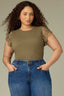 Olive Drab Pale Oak Extended Cap Sleeve Scoop Neck Scallop Crochet Detail Straight Hi-Low Hem Plus Size Knit Top