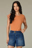 Roasted Carrot Natural Extended Cap Sleeve Scoop Neck Scallop Crochet Detail Straight Hi-Low Hem Knit Top