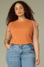 Roasted Carrot Natural Extended Cap Sleeve Scoop Neck Scallop Crochet Detail Straight Hi-Low Hem Plus Size Knit Top