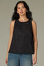 Black Sleeveless Round Neck Embroidery Floral Applique Die Cut Keyhole Back Straight Slit Hem Woven Tank Top