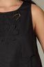 Black Sleeveless Round Neck Embroidery Floral Applique Die Cut Keyhole Back Straight Slit Hem Woven Tank Top