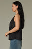 Black Sleeveless Round Neck Embroidery Floral Applique Die Cut Keyhole Back Straight Slit Hem Woven Tank Top
