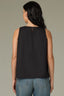 Black Sleeveless Round Neck Embroidery Floral Applique Die Cut Keyhole Back Straight Slit Hem Woven Tank Top