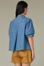 Mid Blue Elbow Puff Banded Sleeve Collar Neck Button Down Front Back Pleat Woven Denim Top