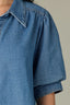 Mid Blue Elbow Puff Banded Sleeve Collar Neck Button Down Front Back Pleat Woven Denim Top